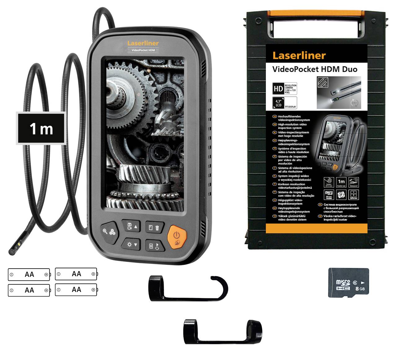 Laserliner VideoPocket HDM Duo-Gerät mit einem Bildschirm, der mechanische Zahnräder zeigt, einer 1 m flexiblen Sonde, AA-Batterien, Haken und einer 8-GB-microSD-Karte.
