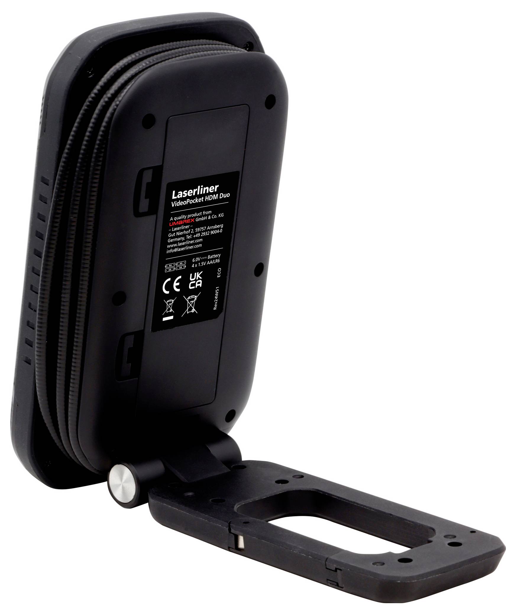 Ein schwarzes elektronisches Gerät mit einem Ständer, auf der Rückseite mit 'Laserliner VideoFlex' beschriftet, vermutlich zur Video-Inspektion oder Überwachung verwendet.