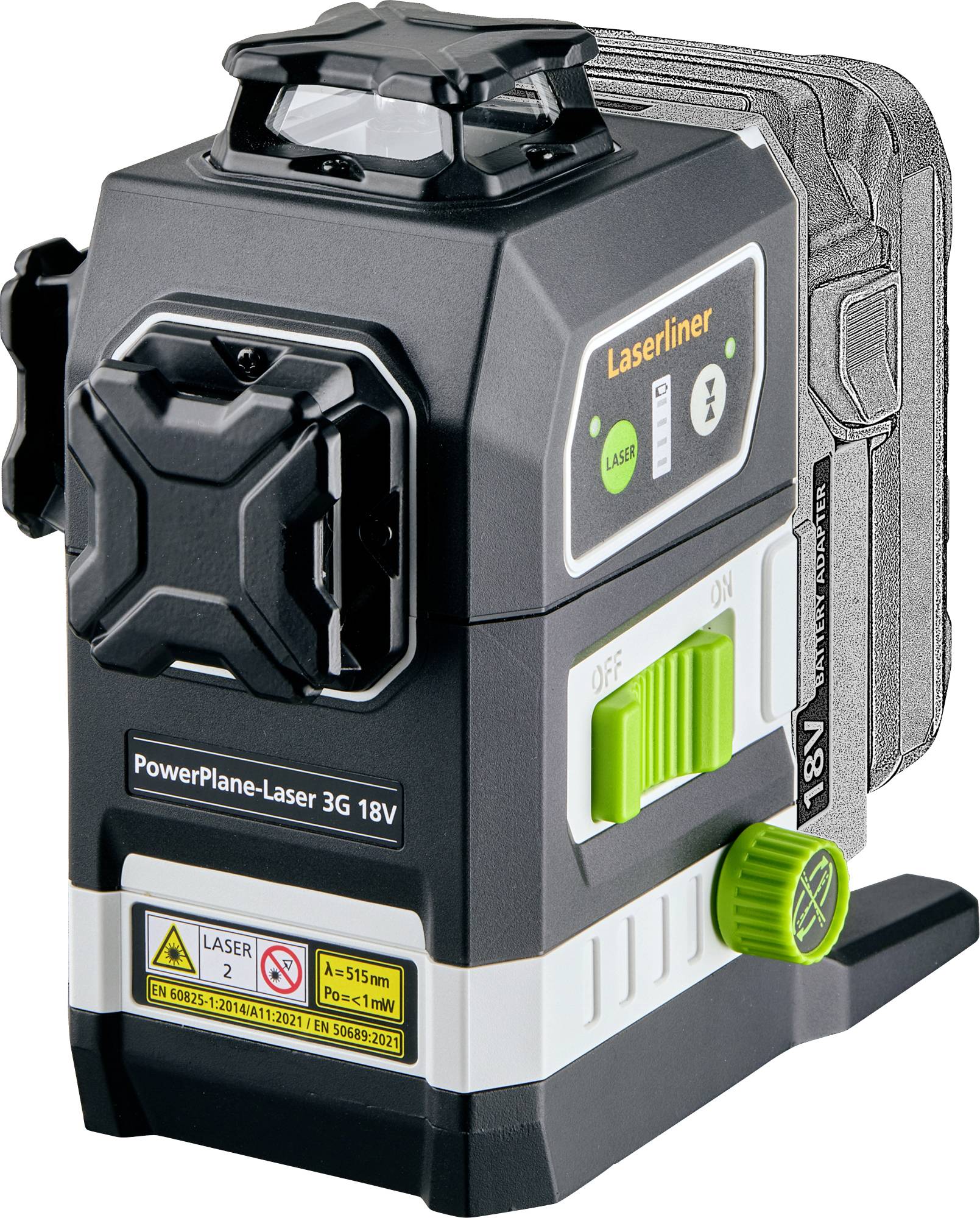Ein schwarz-grünes Laser-Nivelliergerät mit der Aufschrift 'Laserliner', ausgestattet mit Helligkeits- und Leistungsreglern, bei dem das Batteriefach und Warnhinweise sichtbar sind.
