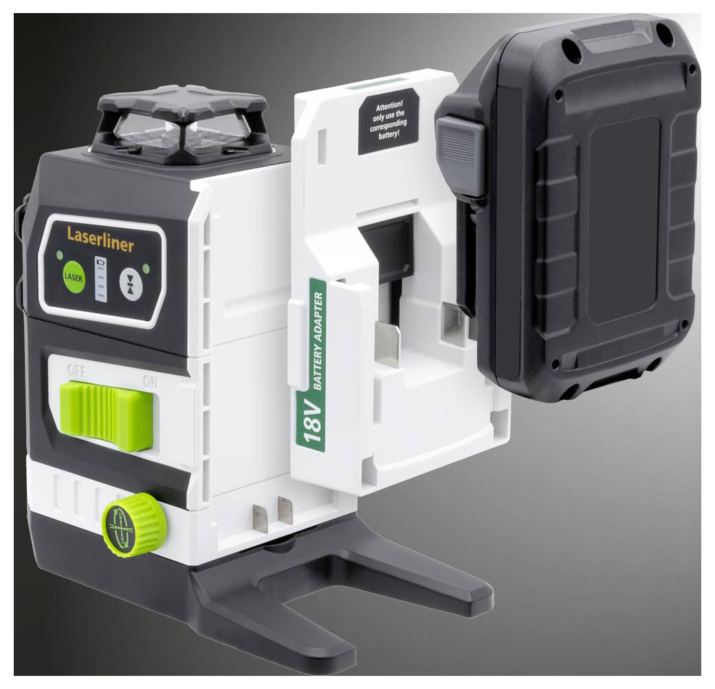 Ein digitales Lasernivelliergerät mit Anzeigen und Einschaltknopf, ausgestattet mit einem 18V-Batterieadapter und kompaktem Design für präzise Messungen.
