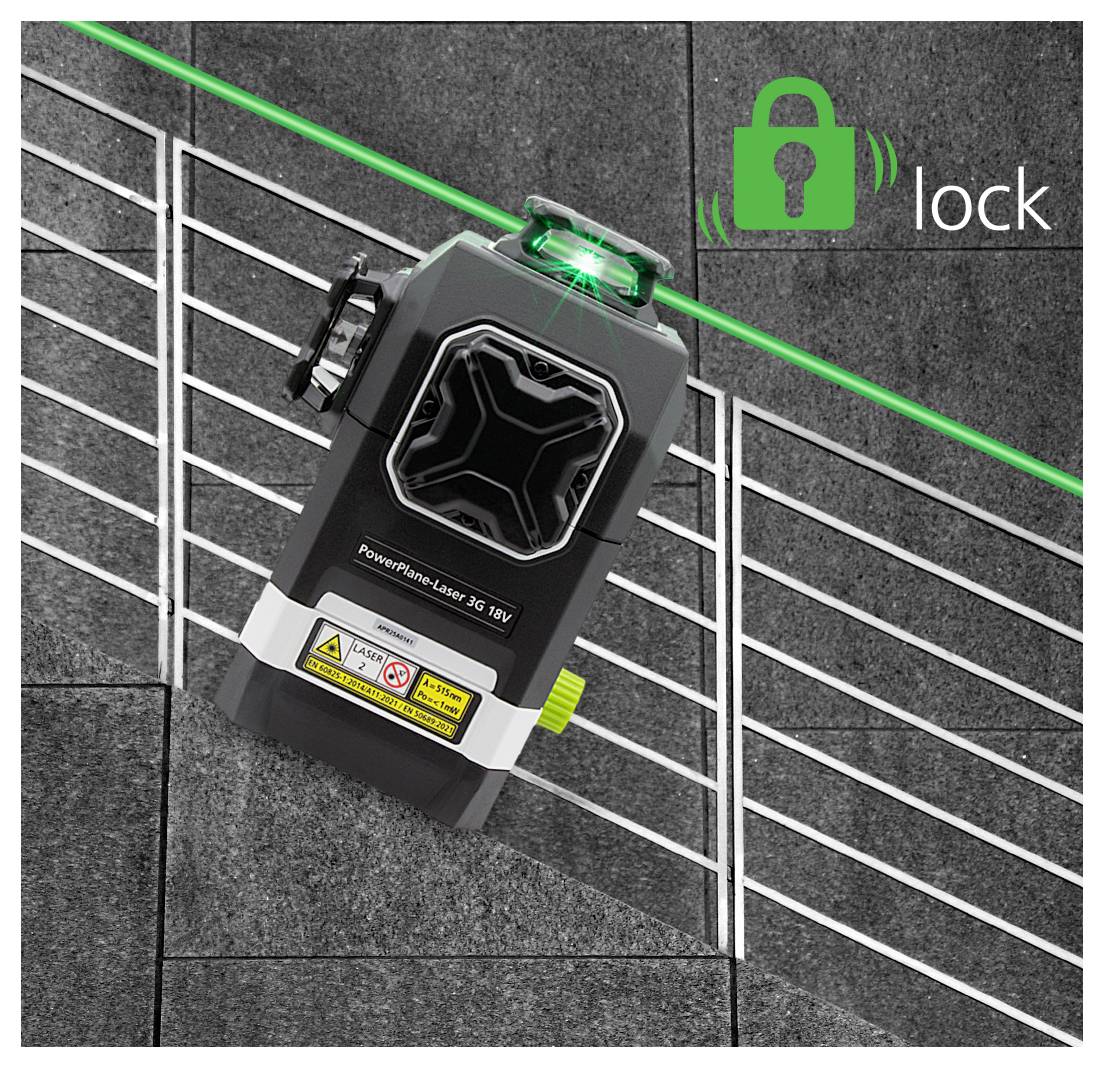 Ein grüner Laser-Nivellierungswerkzeug projiziert eine gerade Linie über eine geflieste Oberfläche. Das Wort 'lock' mit einem Vorhangeschloss-Symbol deutet auf Stabilität hin.