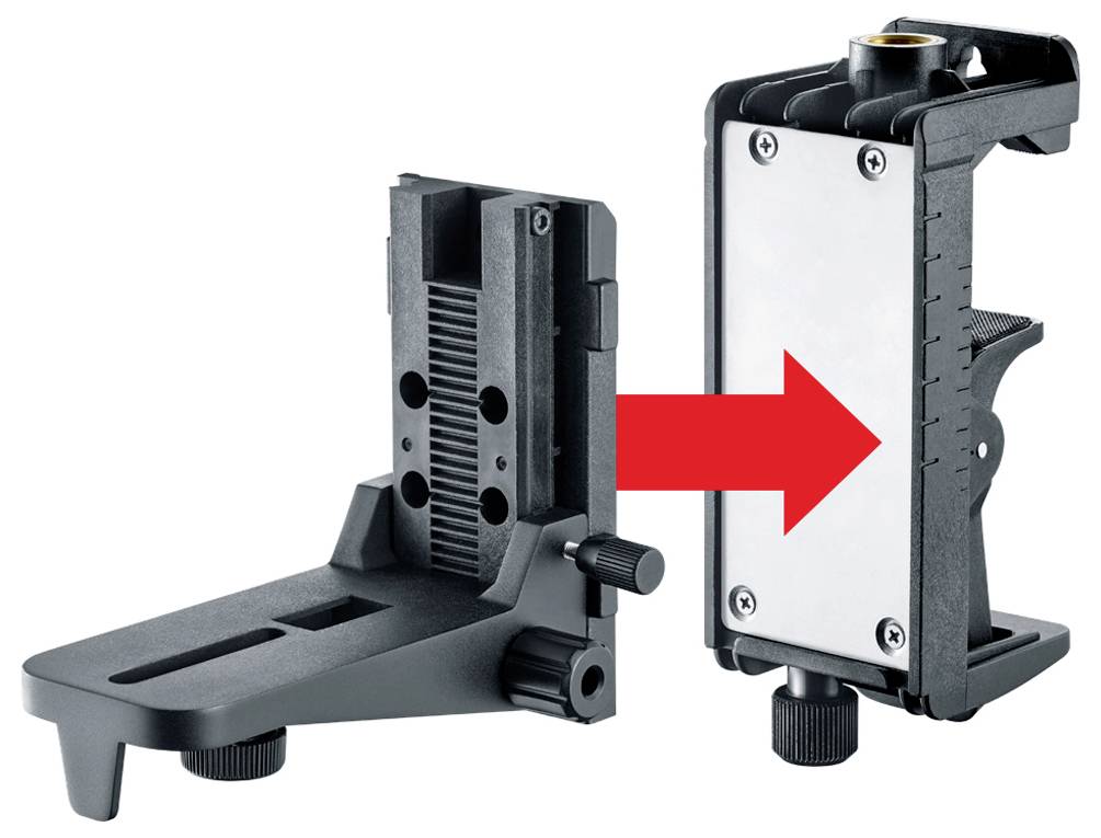 Montieren Sie den Adapter links mit einem hell roten Pfeil, der auf ein entsprechendes Gerät rechts zeigt und die Montagrichtung angibt.