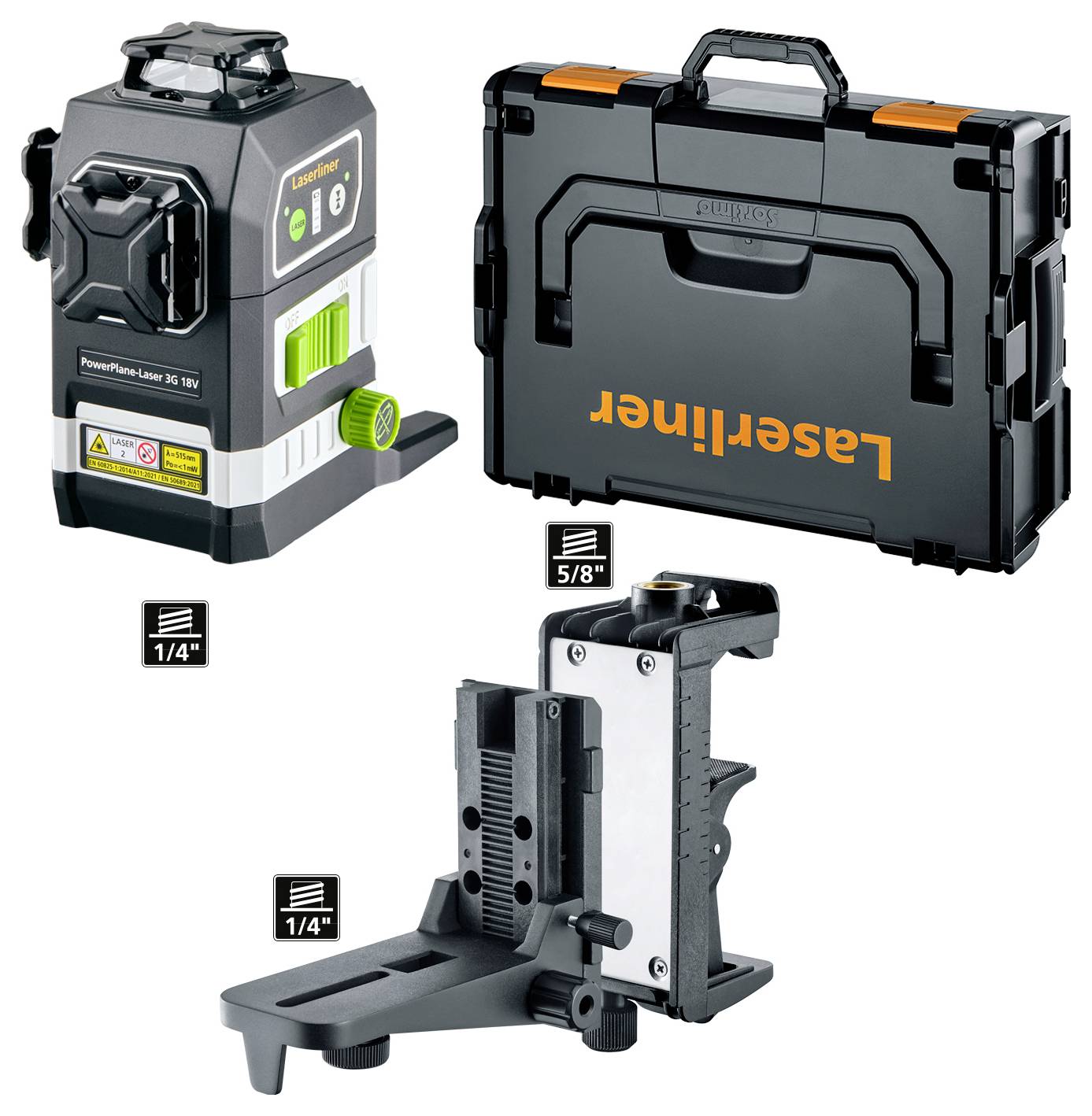 Ein Laser-Nivelliergerät mit verstellbarer Basis und Transportkoffer. Das Gerät verfügt über vertikale und horizontale Nivellieroptionen mit 1/4