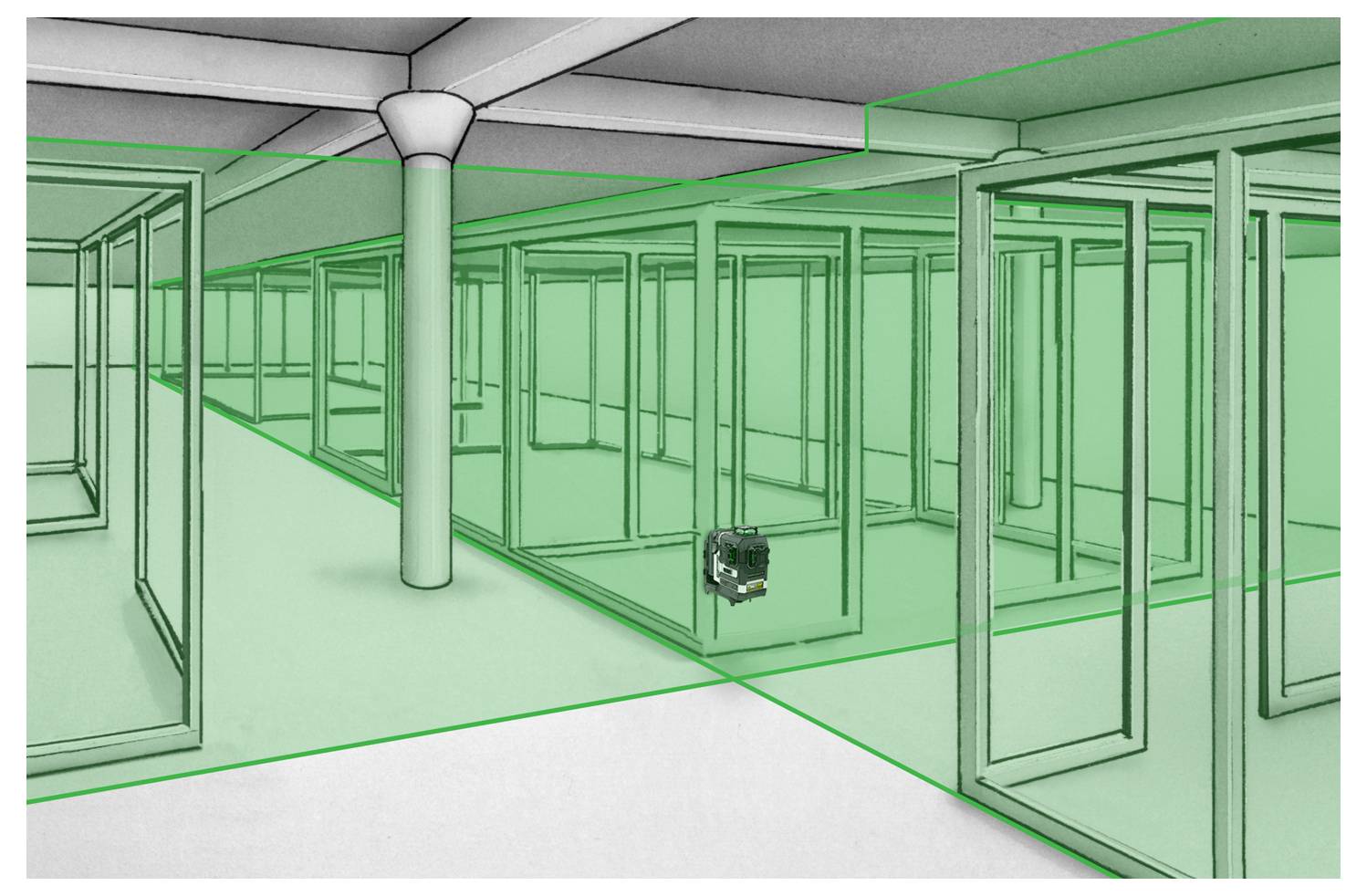 Innenansicht eines Gebäudeentwurfs mit Glaswänden, Säulen und einem Detektorgerät an der Seite, alle in grünen Linien hervorgehoben.