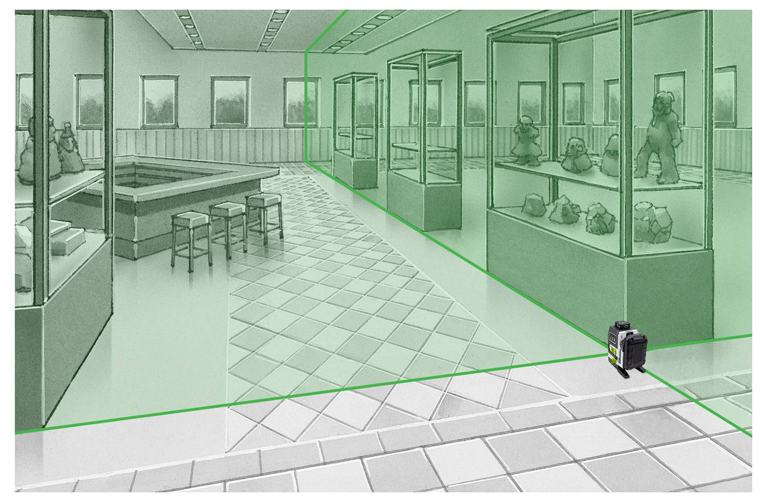 Ein Museumsraum mit Vitrinen zeigt verschiedene Skulpturen. Eine grüne Linie zeichnet einen möglichen Weg, wobei sich ein kleines schwarzes Gerät auf dem Boden befindet.