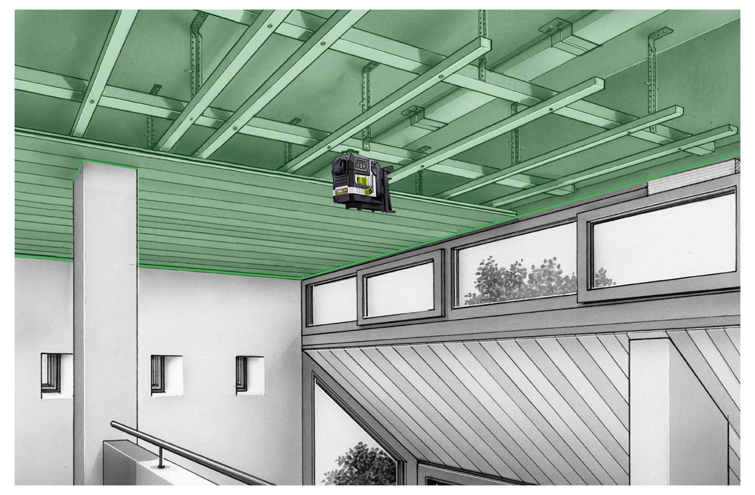 Darstellung eines abgehängten Deckensystems mit einem Lasernivelliergerät, das Linien projiziert und in der Bauwirtschaft zur präzisen Ausrichtung verwendet wird.