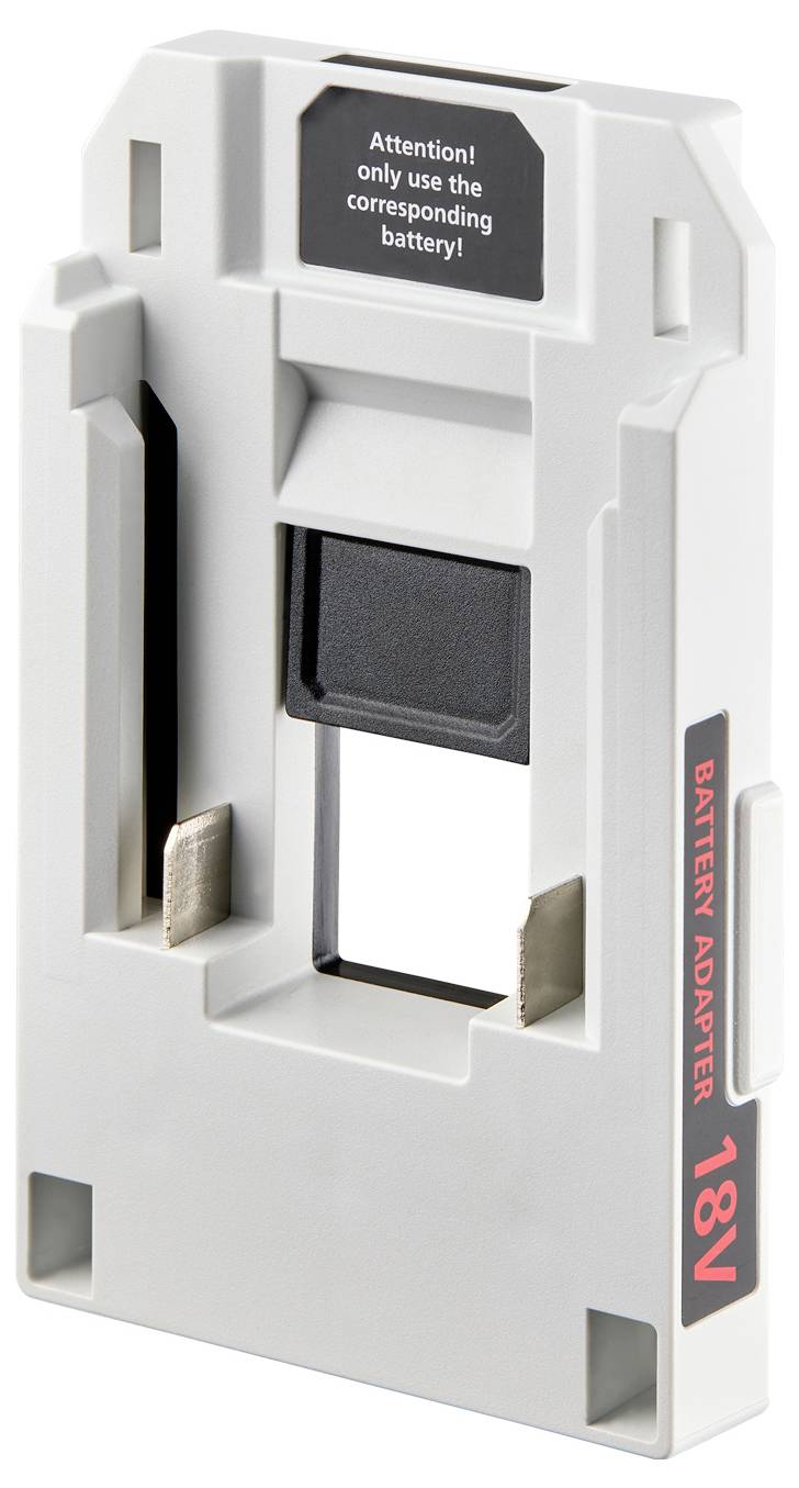 Weißer Batterie-Adapter mit der Beschriftung '18V BATTERIE-ADAPTER', mit einer Warnmeldung: 'Achtung! Verwenden Sie nur den entsprechenden Akku!'