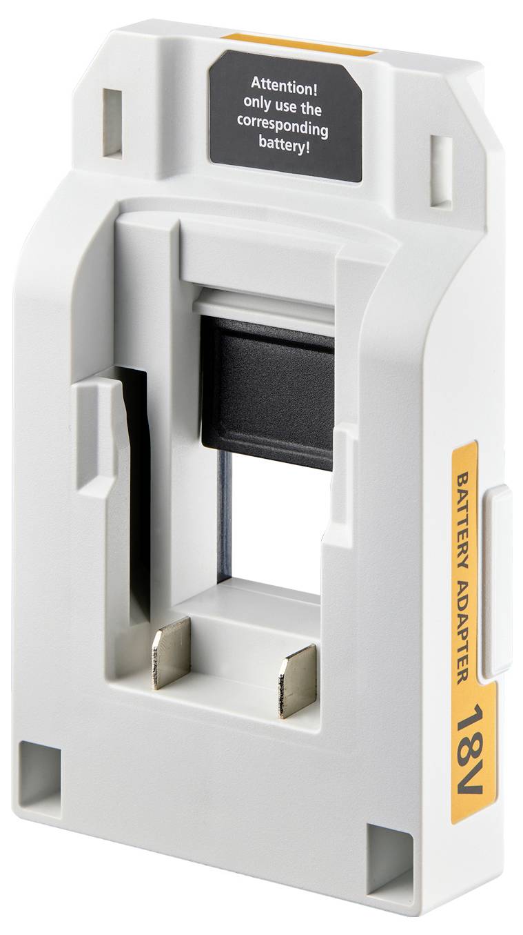 Akkuadapter mit Steckplätzen für einen 18V-Akku und einem Warnhinweis: Nur den passenden Akku verwenden.