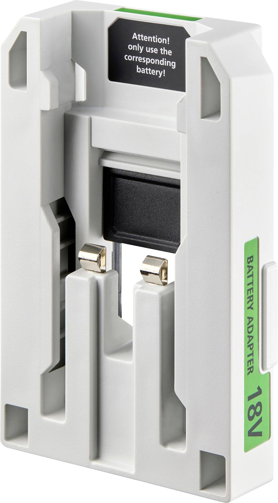 18V-Batterieadapter mit einer Warnaufschrift, die lautet: Achtung! Verwenden Sie nur den entsprechenden Akku.