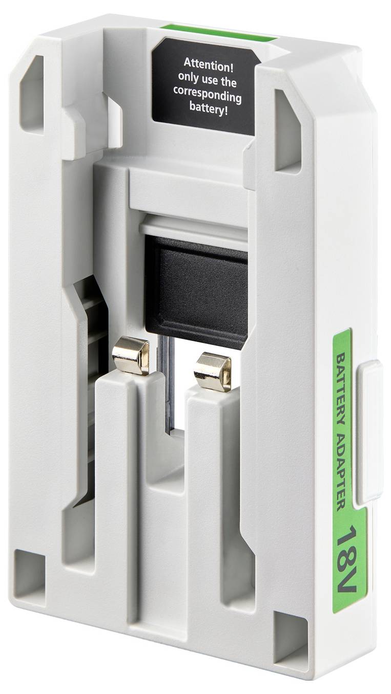 Akkuadapter für 18V-Geräte, weiße Gehäuse, mit Warnhinweis 