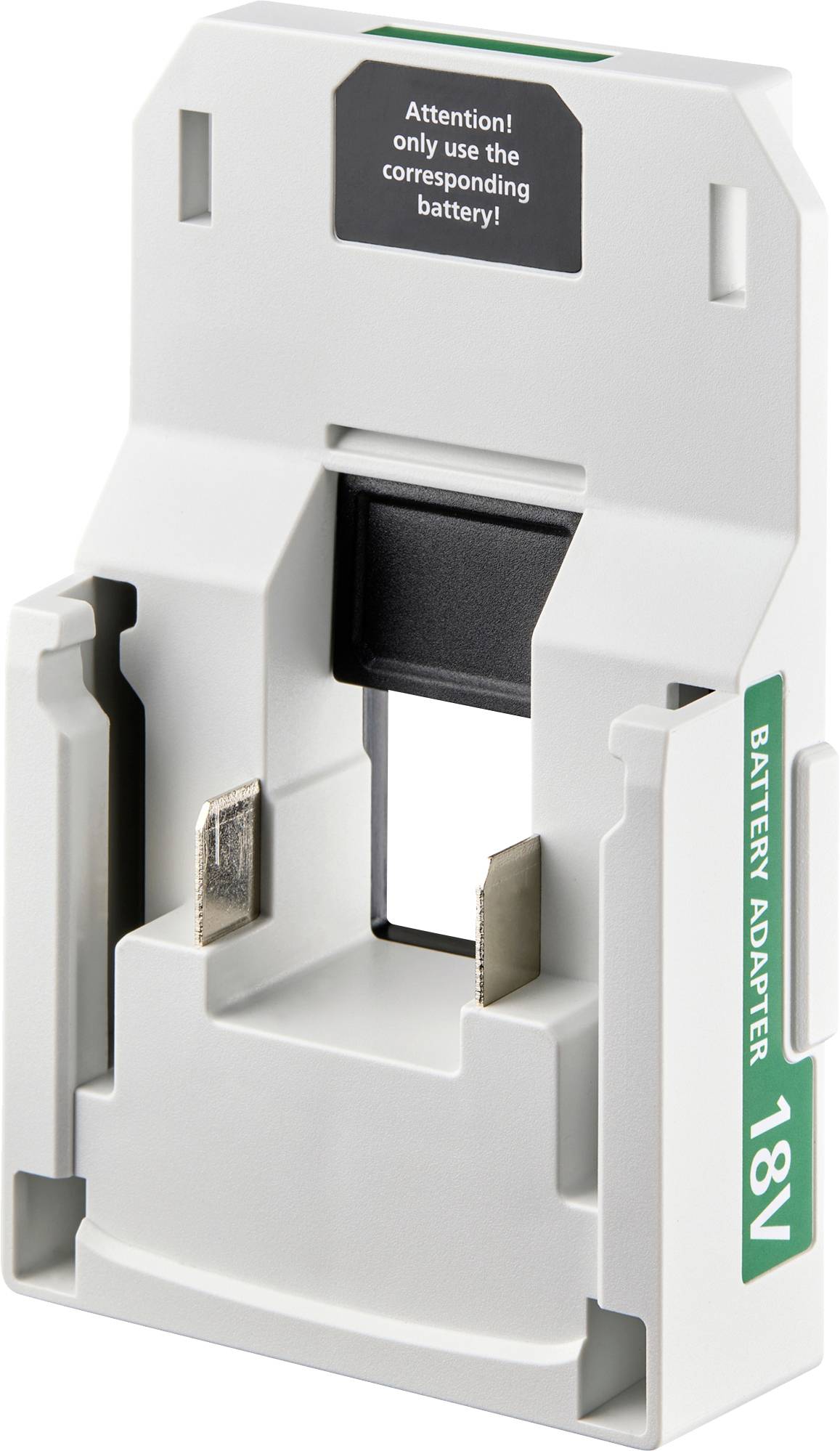 Akkuadapter für 18V, rechteckig mit Schlitzen für Batterieanschluss, auf der Oberseite mit 'Achtung! Nur den entsprechenden Akku verwenden!' beschriftet.