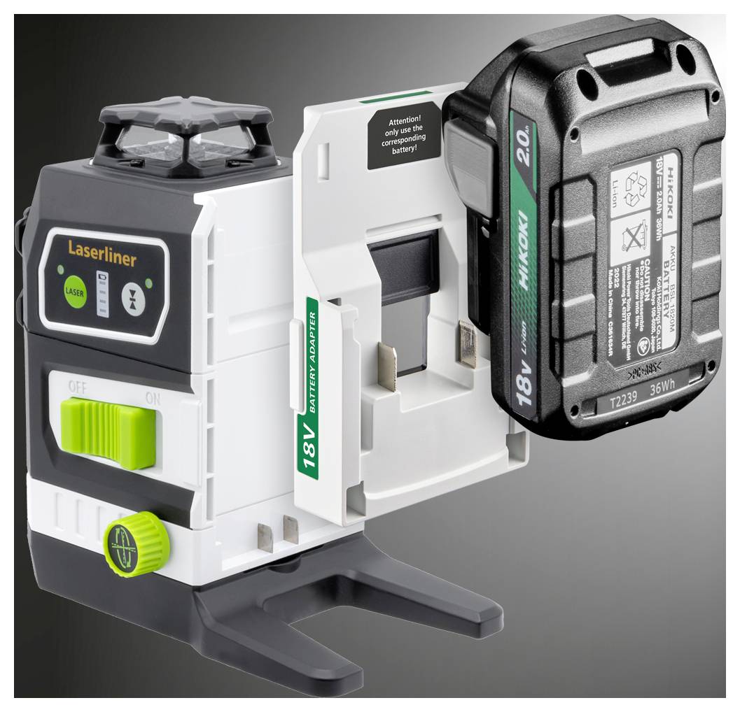 Ein Lasernivelliergerät mit digitaler Anzeige, verstellbaren Einstellungen und einer abnehmbaren 18V-Batterie, verwendet für präzise Nivellierungsaufgaben.