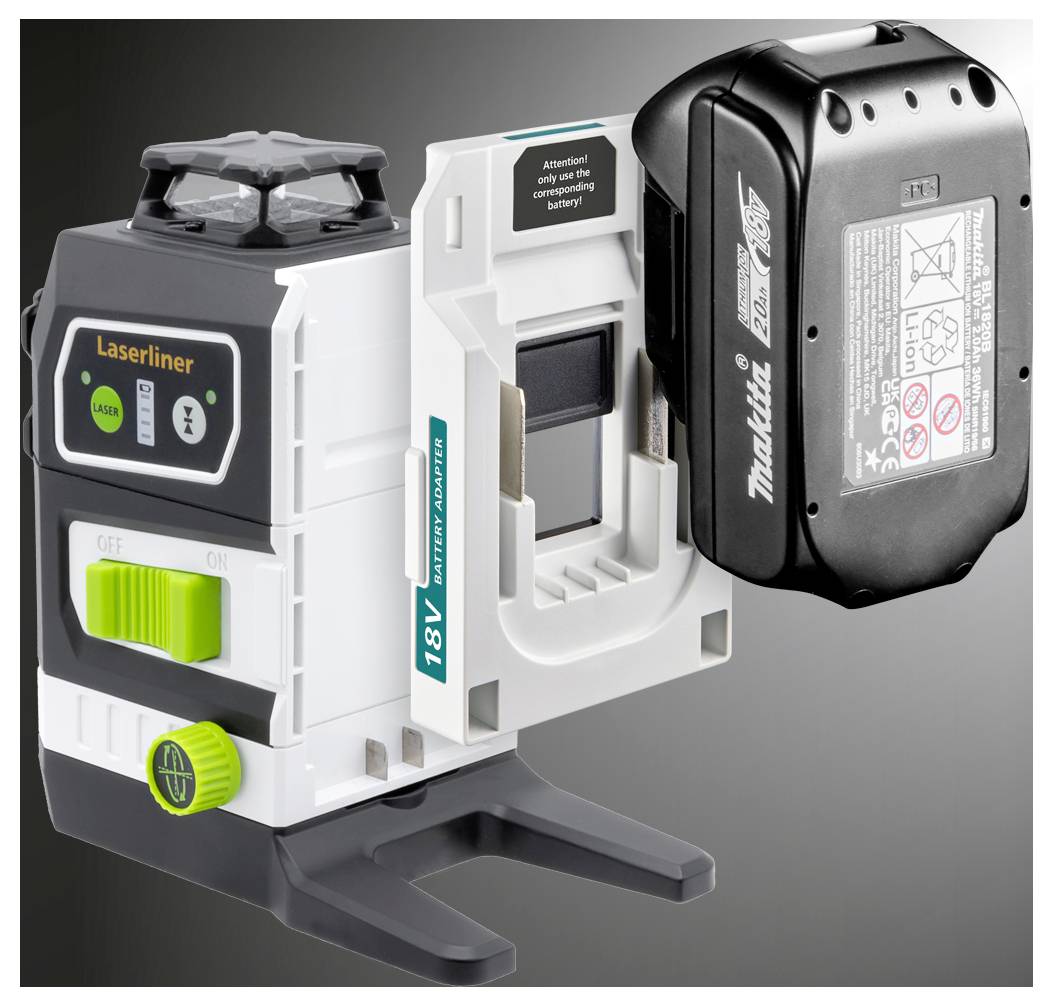 Laserliner-Werkzeug mit einem Makita 18V-Batterieadapter, ausgestattet mit Steuerungen und Anzeigen zur Laserabstimmung.