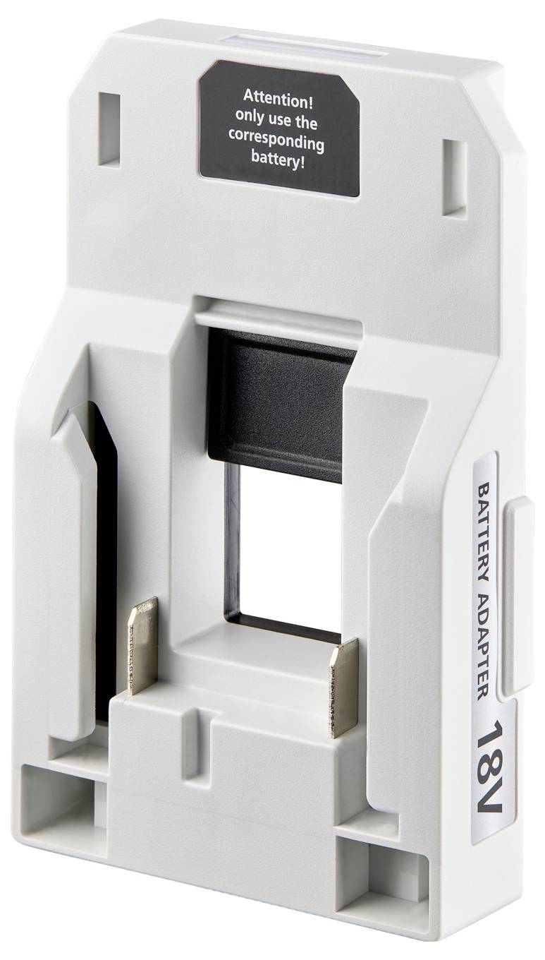 18V-Batterieadapter in Lichtgrau mit einer Beschriftung 