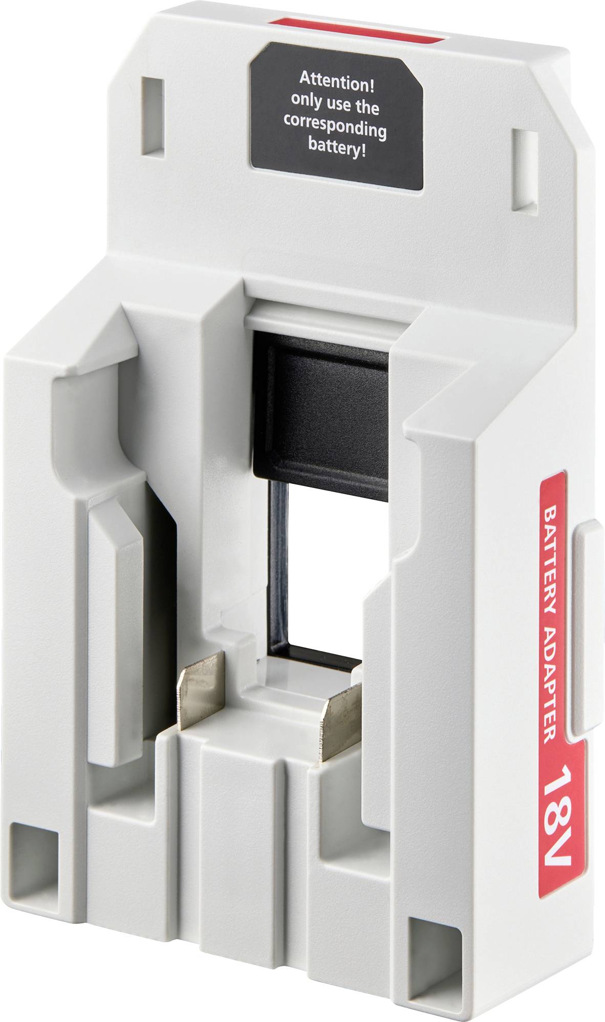Ein weißer Plastik-Batterieadapter mit der Beschriftung '18V', versehen mit einem Warnschild, auf dem steht: 