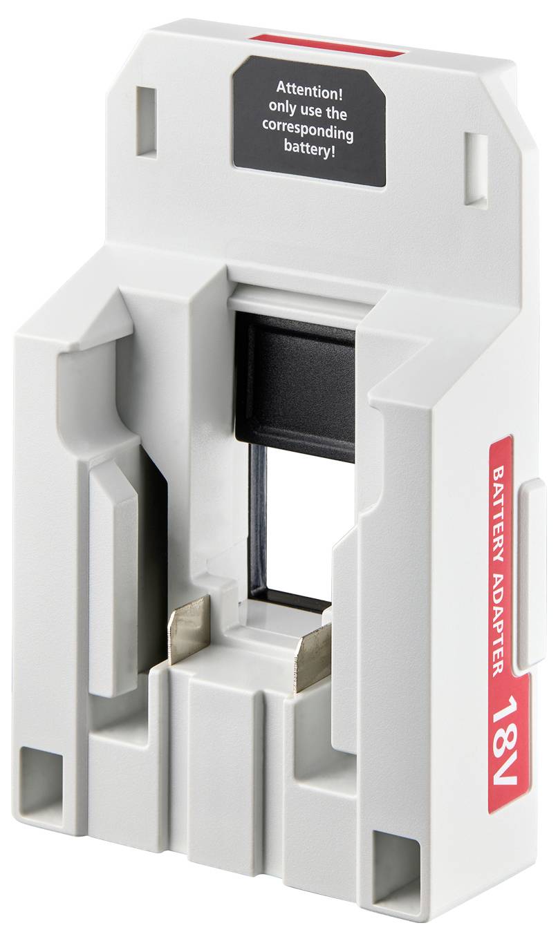 Batterieadapter mit der Beschriftung '18V', mit einem Warnschild, das lautet: 'Achtung! Nur die entsprechende Batterie verwenden!'