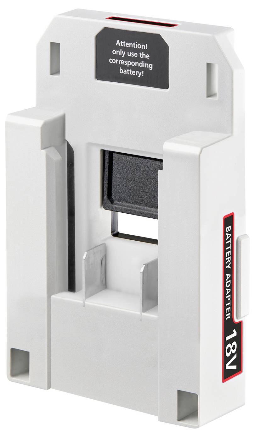 Ladegerät 18V mit einem Etikett, auf dem steht: „Achtung! Nur die passende Batterie verwenden!