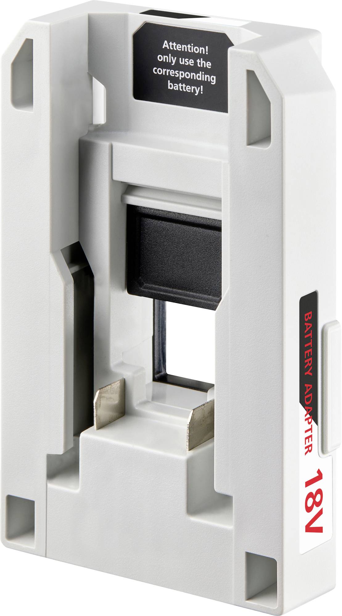 Batterieadapter mit Beschriftung '18V'. Warnung oben lautet: 'Achtung! Verwenden Sie nur den entsprechenden Akku!'.