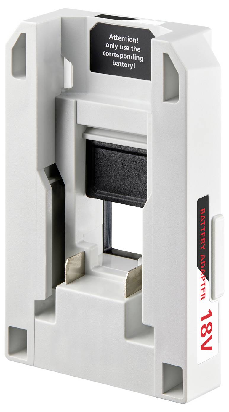 '18V-Akkuadapter mit Warnhinweisetikett: Achtung! Nur den entsprechenden Akku verwenden.' Mit Anschlüssen für die Batterieverbindung.