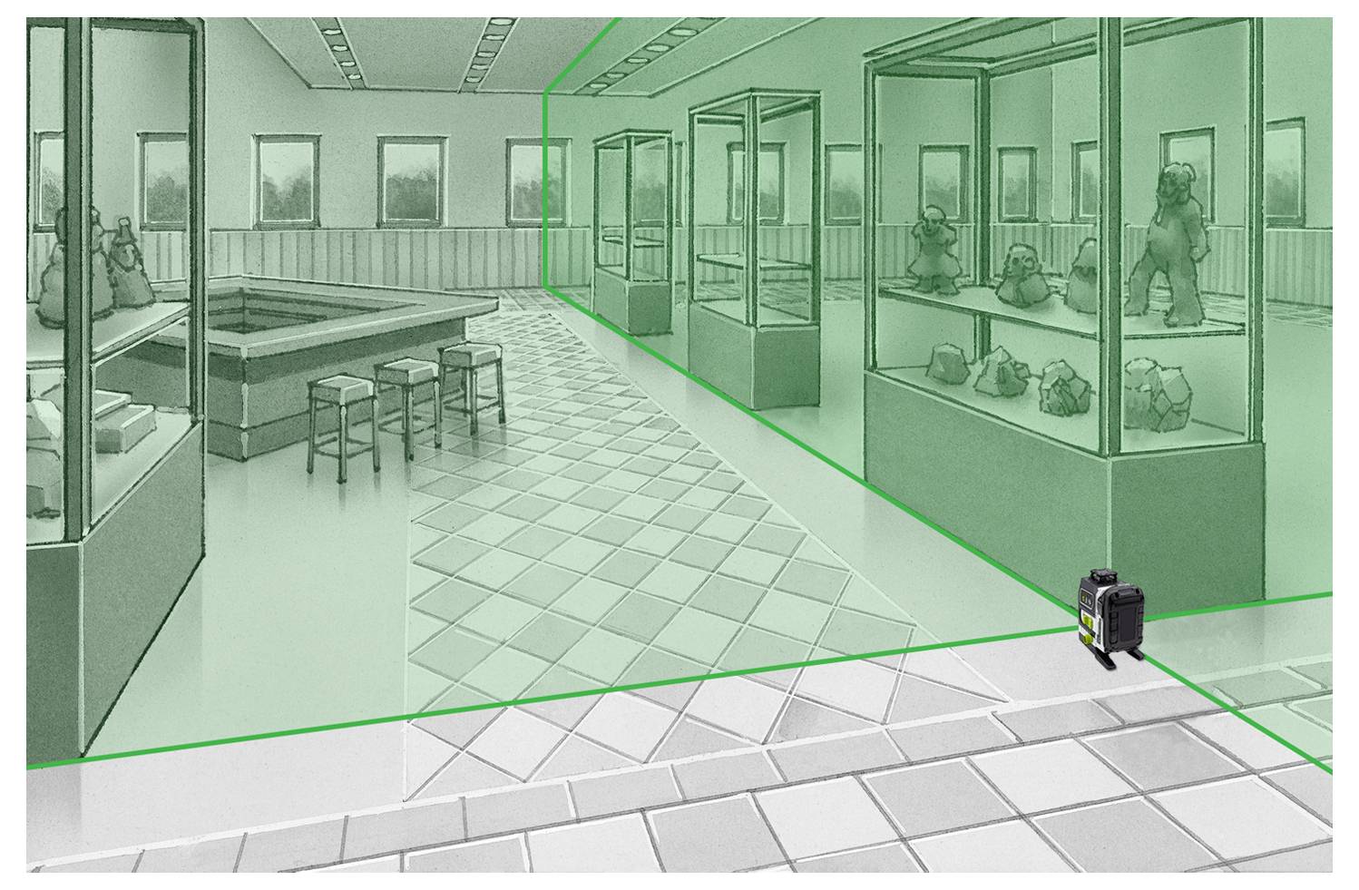 Ein Museumsausstellungsraum mit Vitrinen, Skulpturen und einem Lasersensor am Eingang, der auf ein Sicherheitssystem hinweist.