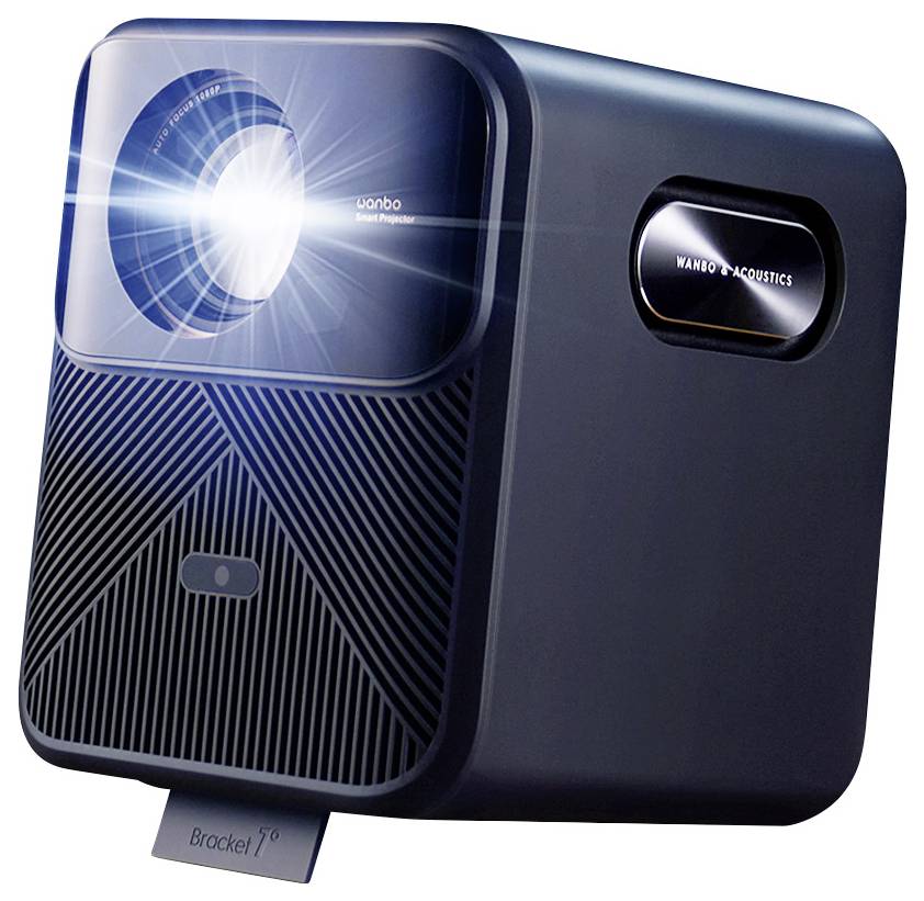 Ein eleganter, moderner digitaler Projektor, der helles Licht ausstrahlt, mit dem Label „Wanbo T6R Projektor