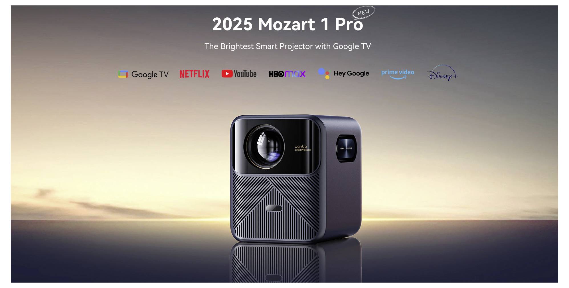 Ein moderner Projektor mit der Bezeichnung 2025 Mozart 1 Pro, ausgestattet mit intelligenten Funktionen, Google TV und Logos von Streaming-Diensten wie Netflix und Disney+.