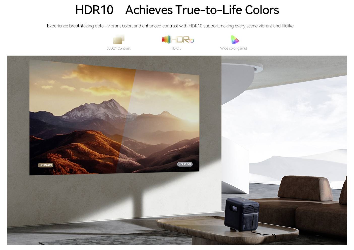 Bild eines großen Fernsehers, der eine lebendige Berglandschaft anzeigt und die Fähigkeit von HDR10 demonstriert, lebendige, naturgetreue Farben zu liefern.