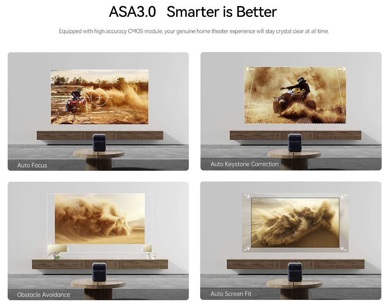 'ASA3.0 Smarter is Better' Projektor-Funktionen: Autofokus, automatische Trapezkorrektur, Hinderniserkennung und automatische Bildschirmanpassung.