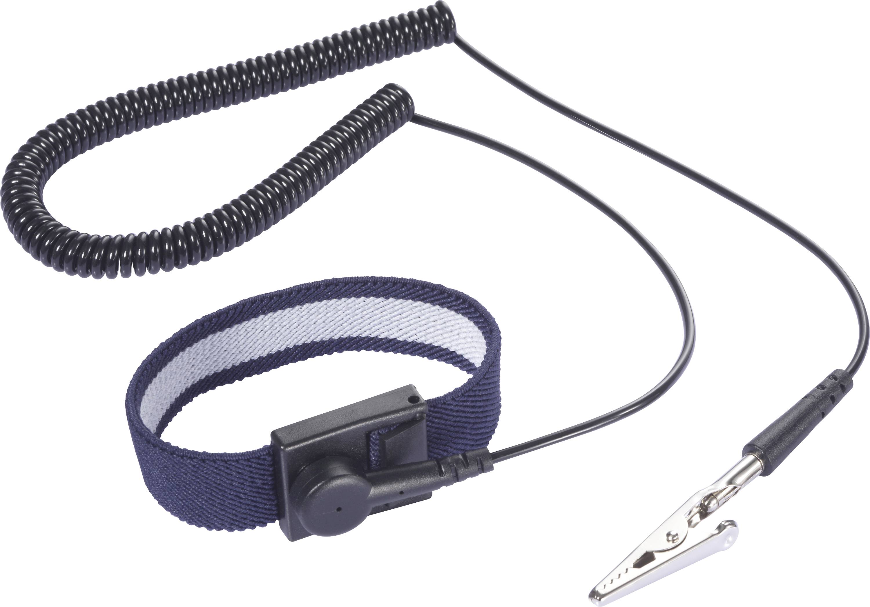 Ein aufgerolltes antistatisches Armband mit Krokodilklemme, das verwendet wird, um elektrostatische Entladungen zu verhindern, indem der Träger geerdet wird.