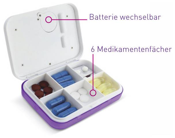 Eine Pillendose mit sechs Fächern, die verschiedene Tabletten enthält. Etiketten weisen auf 'Batterie wechselbar' und '6 Medikamentenfächer' hin.