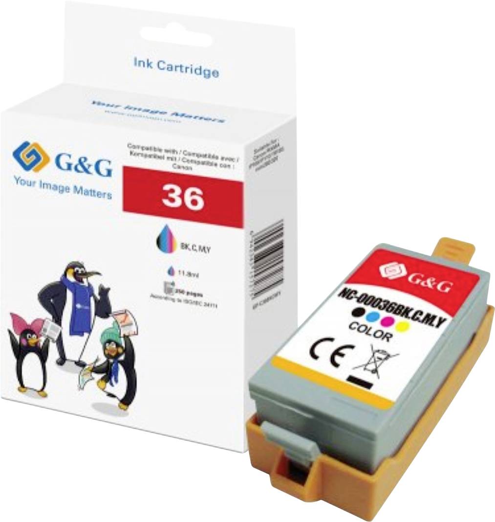 Karton und Patrone von G&G Tinte, gekennzeichnet mit '36 FARBEN', kompatibel mit verschiedenen Druckermodellen, mit Pinguin-Illustrationen verziert.