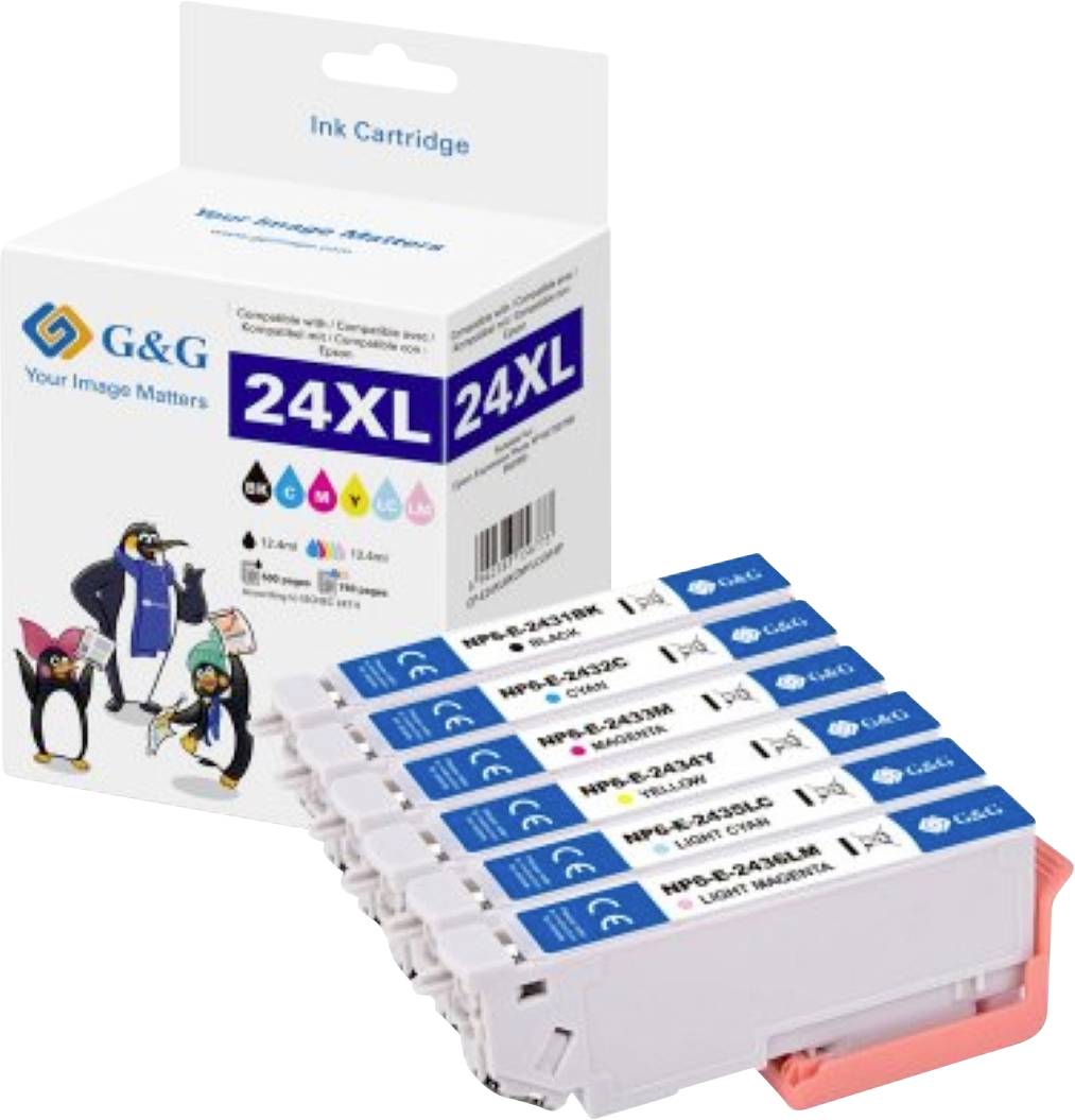 Karton und vier G&G 24XL Tintenpatronen für Drucker; kompatibel mit verschiedenen Druckermodellen, in Schwarz und drei Farben.