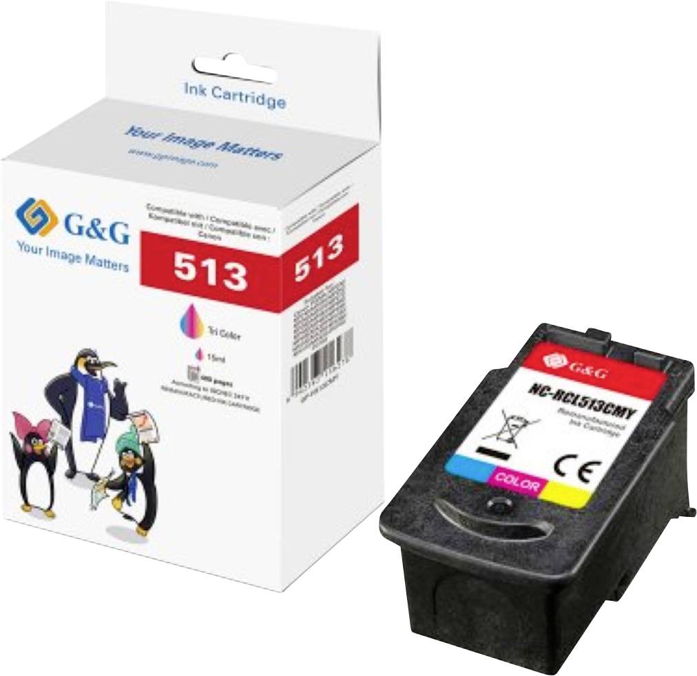 Das Bild zeigt eine Tintenpatrone der Marke G&G mit der Bezeichnung '513' und 'Tri-color', die mit bestimmten Druckermodellen kompatibel ist.