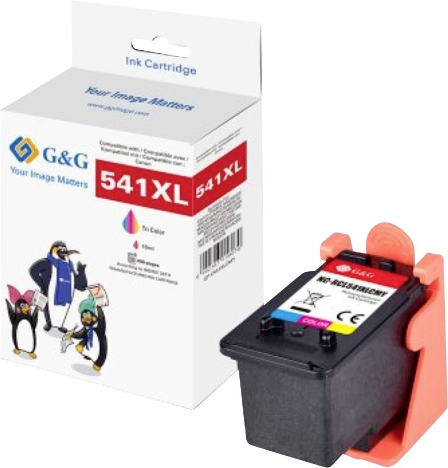 Dreifarbige Tintenpatrone 541XL mit Verpackung. Marke G&G, mit Pinguin-Maskottchen.