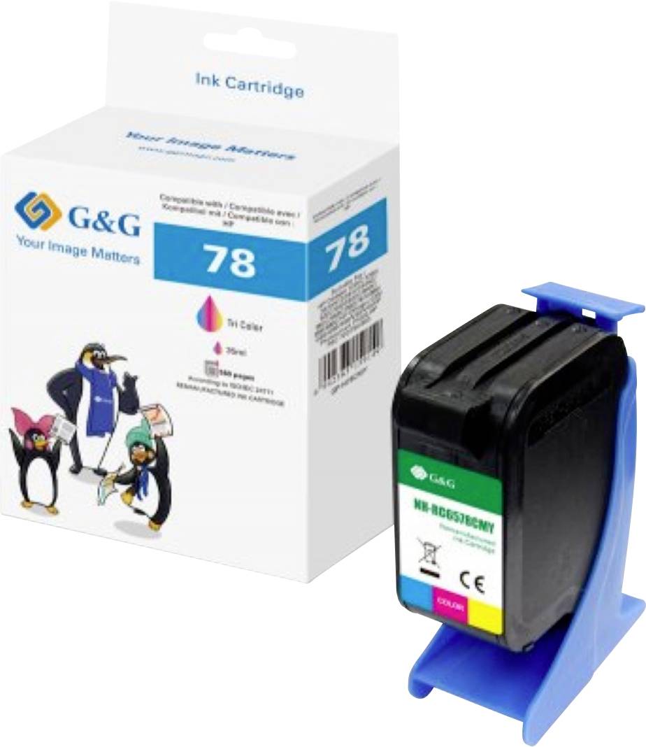 Dreifarbige Tintenpatrone in Verpackung mit Pinguin-Design und '78'-Etikett auf der Schachtel; kompatibel mit bestimmten Druckermodellen.