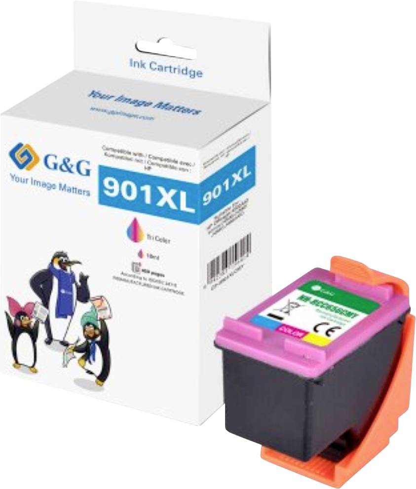 'G&G 901XL' Tintenpatrone und Verpackung. Die Schachtel zeigt Pinguin-Grafiken. Der Text auf der Schachtel lautet 'Ihr Bild zählt'.