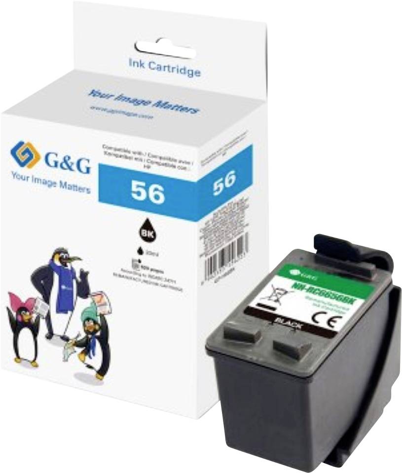 Verpackung und Kartusche von G&G schwarzer Tinte, Modellnummer 56, für Druckergebrauch. Box mit Pinguin-Grafiken und Branding.