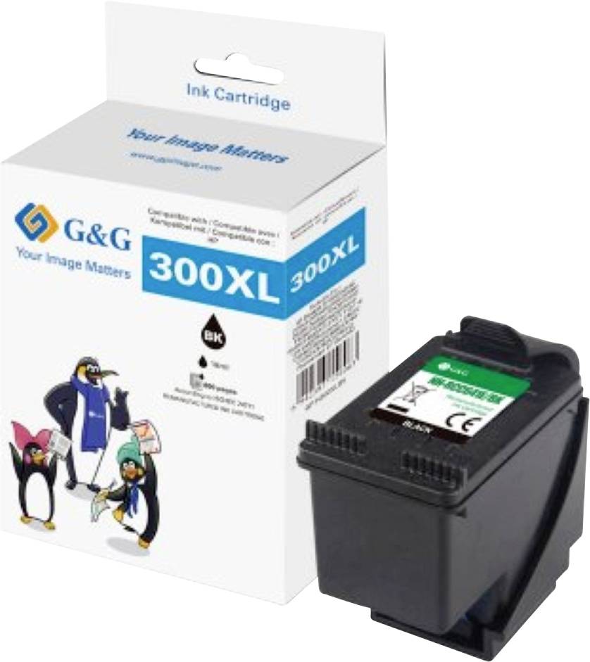 Eine schwarze Tintenpatrone mit der Bezeichnung '300XL' mit ihrer Verpackung, die Pinguin-Illustrationen zeigt.