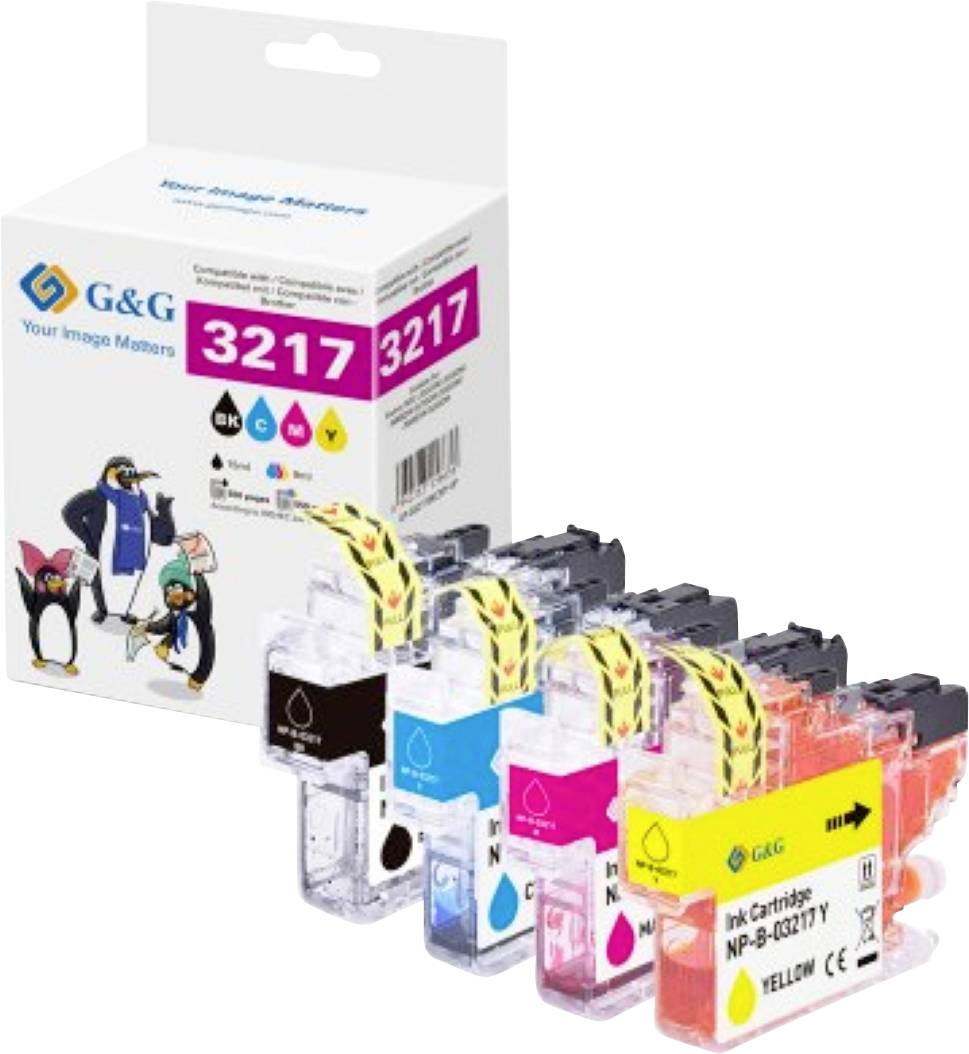 Eine Reihe von G&G Tintenpatronen in Schwarz, Cyan, Gelb und Magenta vor einer Markenschachtel mit Pinguin-Grafiken.