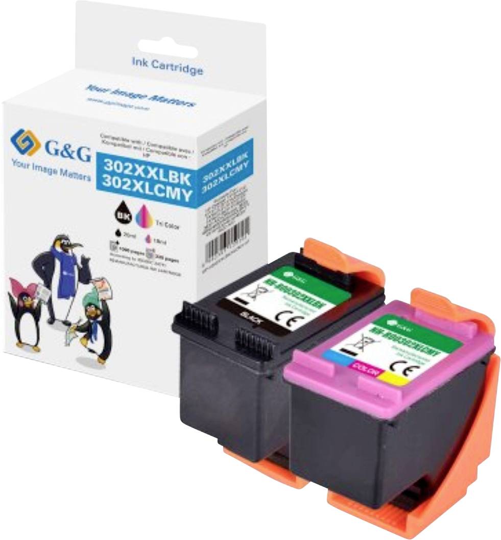 Verpackung von 'G&G Tintenkartuschen' mit zwei Kartuschen, einer schwarzen und einer dreifarbigen, daneben. Die Verpackung zeigt ein Cartoon-Pinguin-Design.