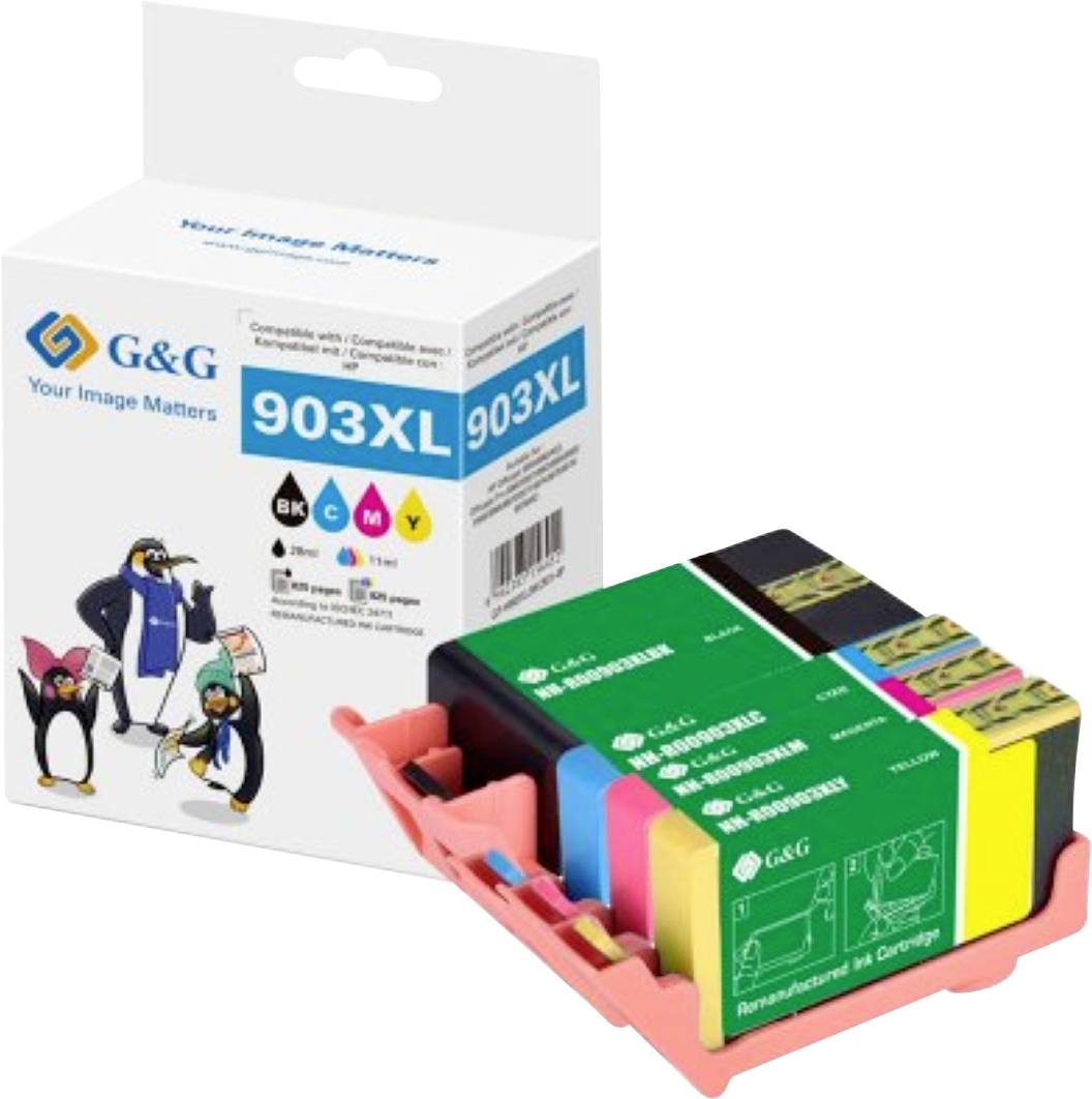 G&G 903XL Tintenpatronenset mit einzelnen schwarzen, cyan, magenta und gelben Patronen. Verpackung zeigt Cartoon-Pinguine.
