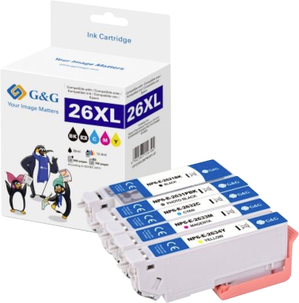 'G&G'-Tintenpatronenpackung mit der Bezeichnung '26XL', die schwarze, Cyan-, Gelb- und Magenta-Patronen enthält. Die Verpackung zeigt verspielt gestaltete Pinguin-Illustrationen.