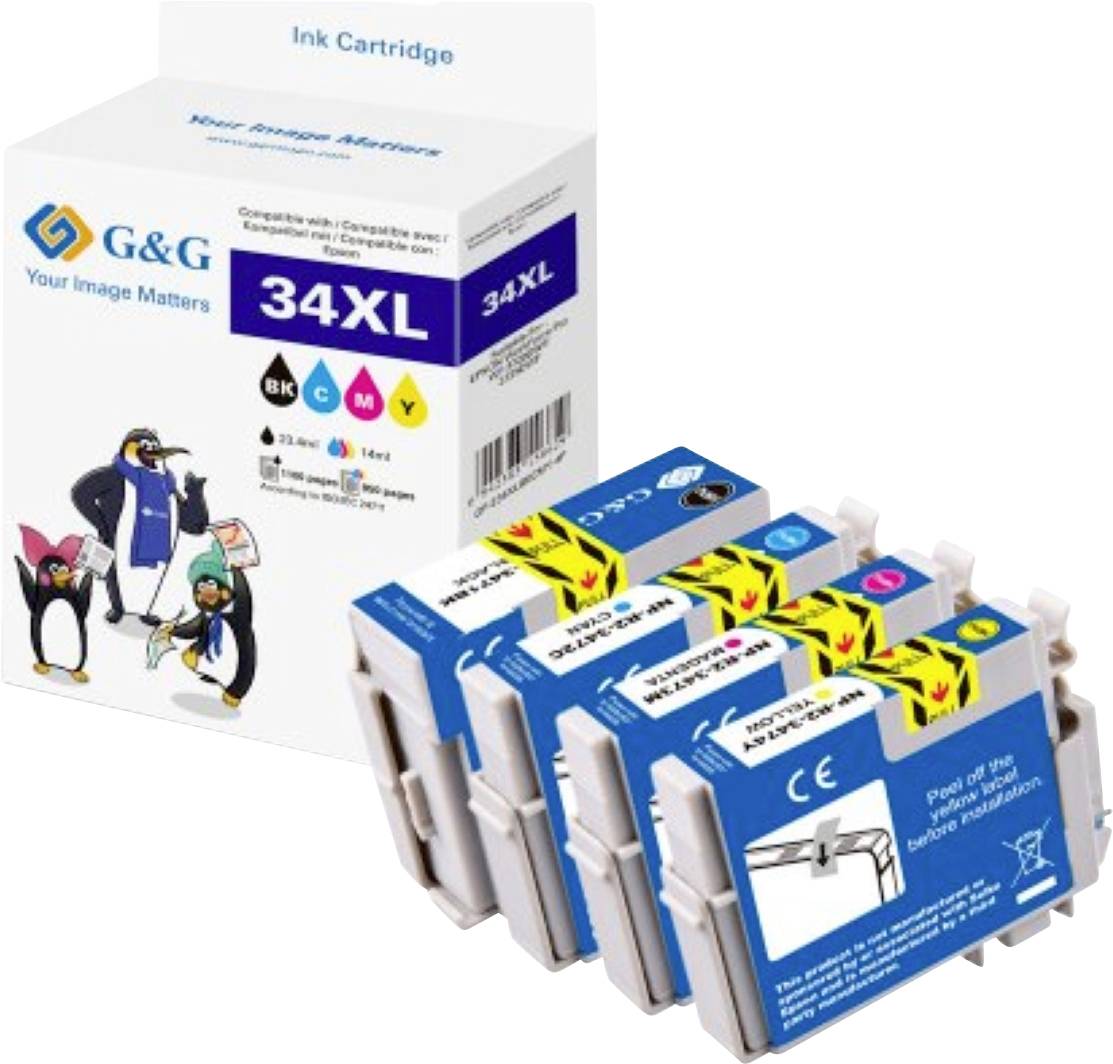 Eine Schachtel mit der Aufschrift 'G&G Ink Cartridge 34XL', vor der vier Tintenpatronen in den Farben Schwarz, Cyan, Magenta und Gelb liegen.