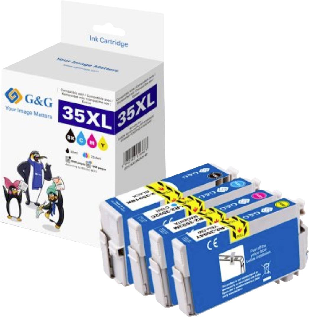 Druckerpatronen in Cyan, Magenta, Gelb und Schwarz mit Verpackung, die Marke und Modellnummer 35XL zeigt.