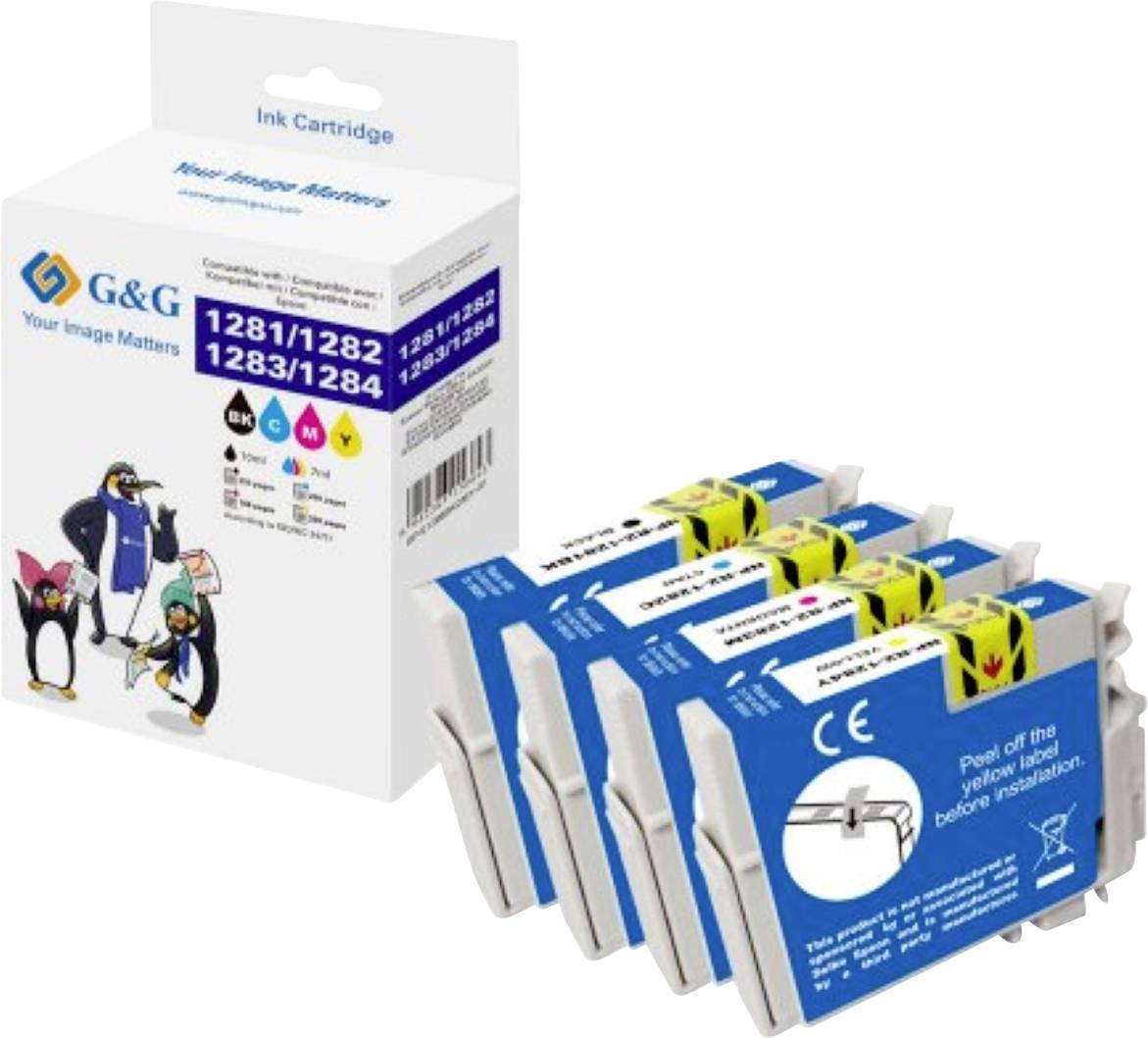 G&G Tintenpatrone kompatibel mit 1281, 1282, 1283, 1284 Druckern.' Schachtel und fünf Tintenpatronen mit Pinguin-Grafiken dargestellt.