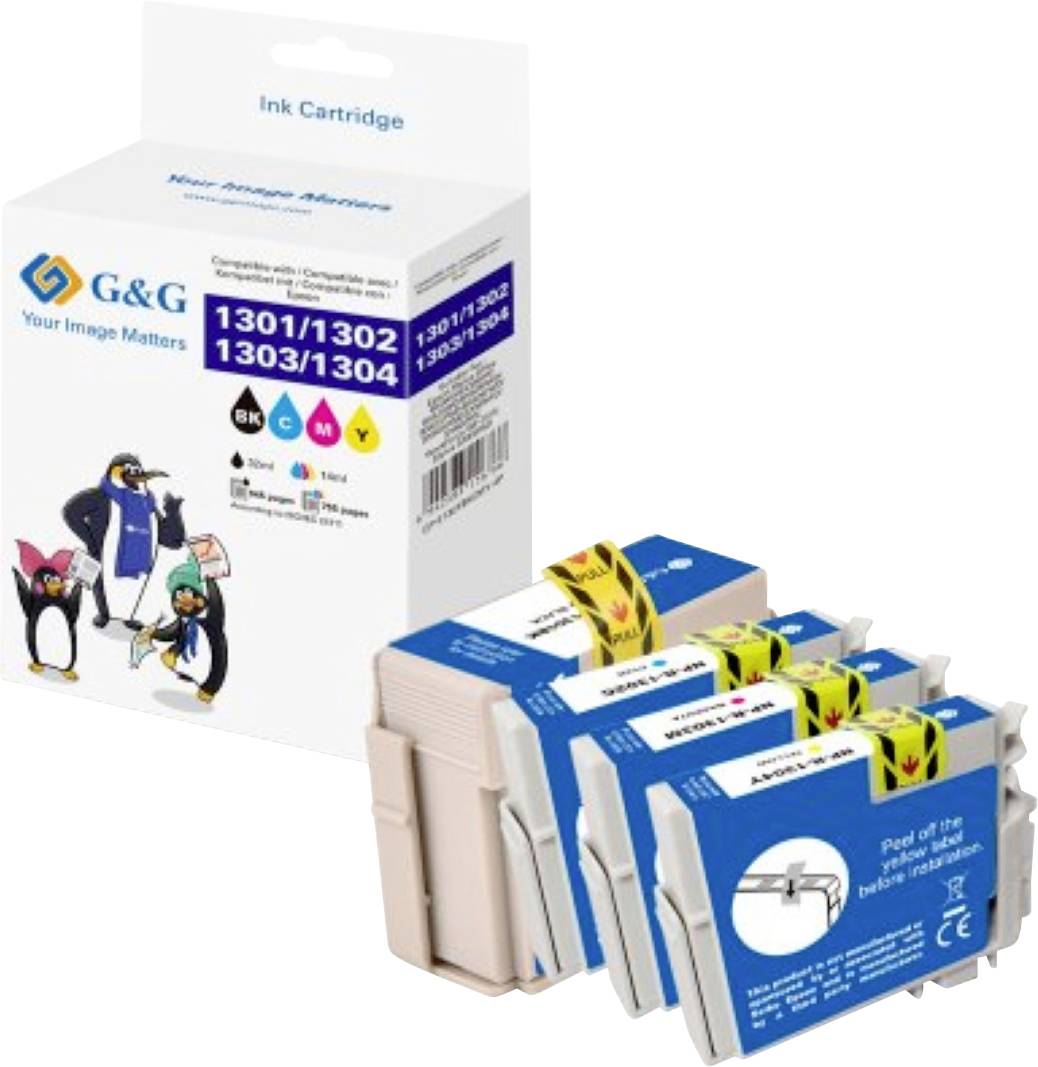 Das Bild zeigt eine G&G Tintenpatronenbox mit drei Patronen davor, beschriftet für die Modelle 1301, 1302, 1303, 1304, in den Farben Schwarz, Cyan, Magenta und Gelb.