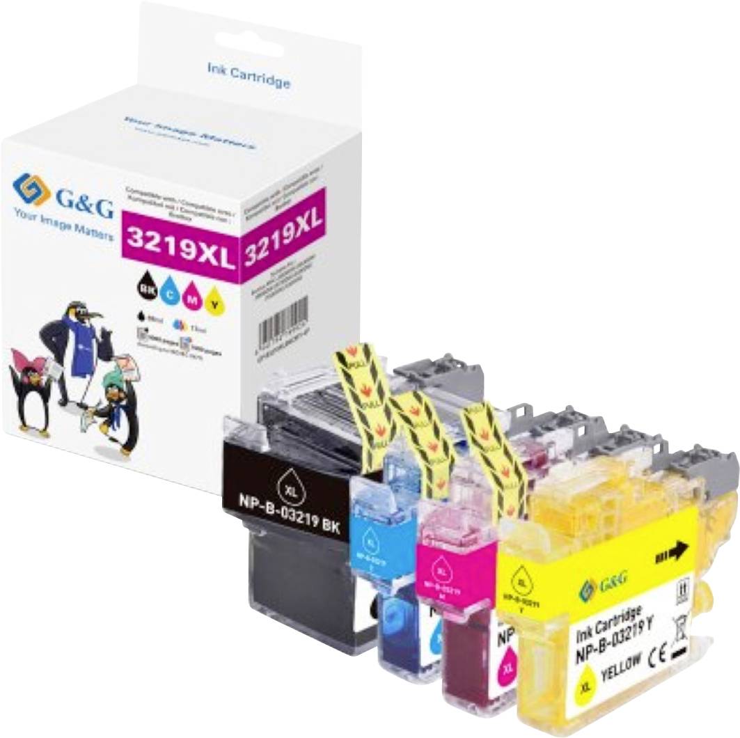 Tintenpatronen in Schwarz, Cyan, Magenta und Gelb werden vor einer Verpackung mit der Aufschrift „3219XL