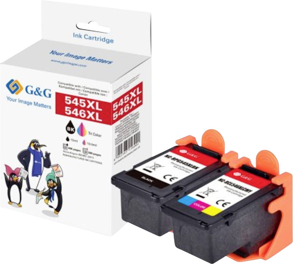 Tintenpatrone mit G&G-Markenlogo neben einem schwarzen und einem Drei-Farben-Kartridgesatz, beschriftet mit 545XL und 546XL.