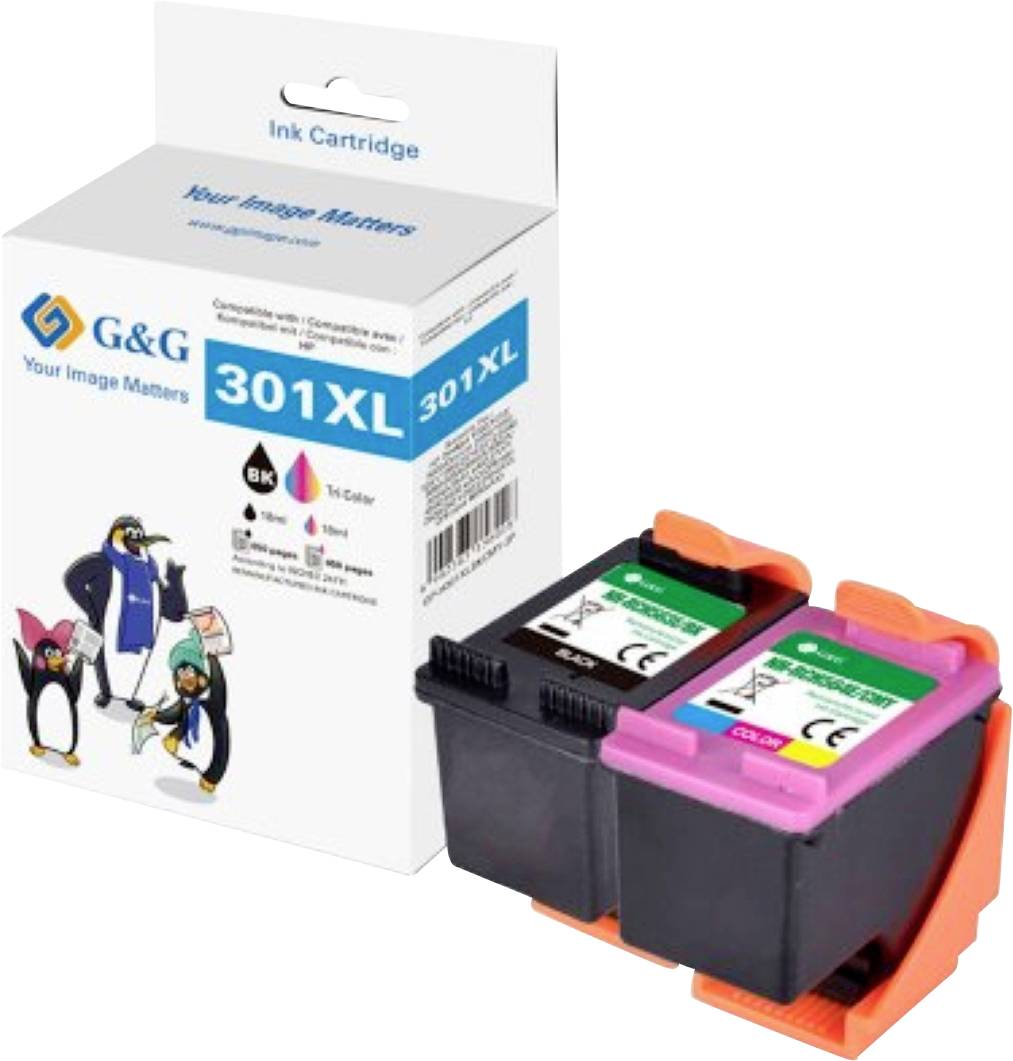 Verpackung von 'G&G Tintenkassette 301XL' neben zwei Tintenkassetten, eine schwarz und eine dreifarbig, kompatibel mit bestimmten Druckern.