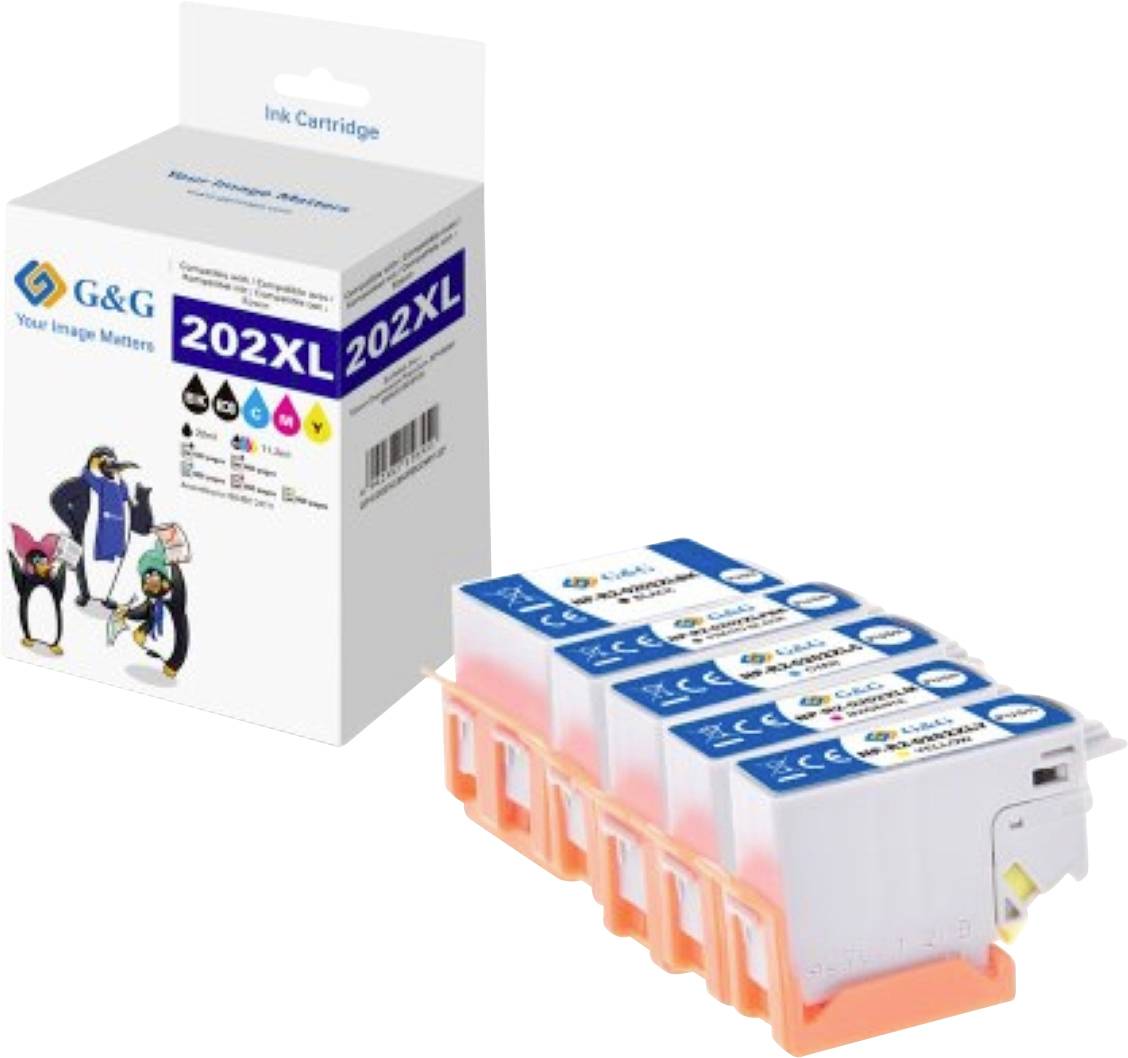 G&G Tintenpatrone 202XL Verpackung mit vier Patronen dargestellt. Die Schachtel hebt die Kompatibilität und Farben hervor: schwarz, cyan, magenta, gelb.